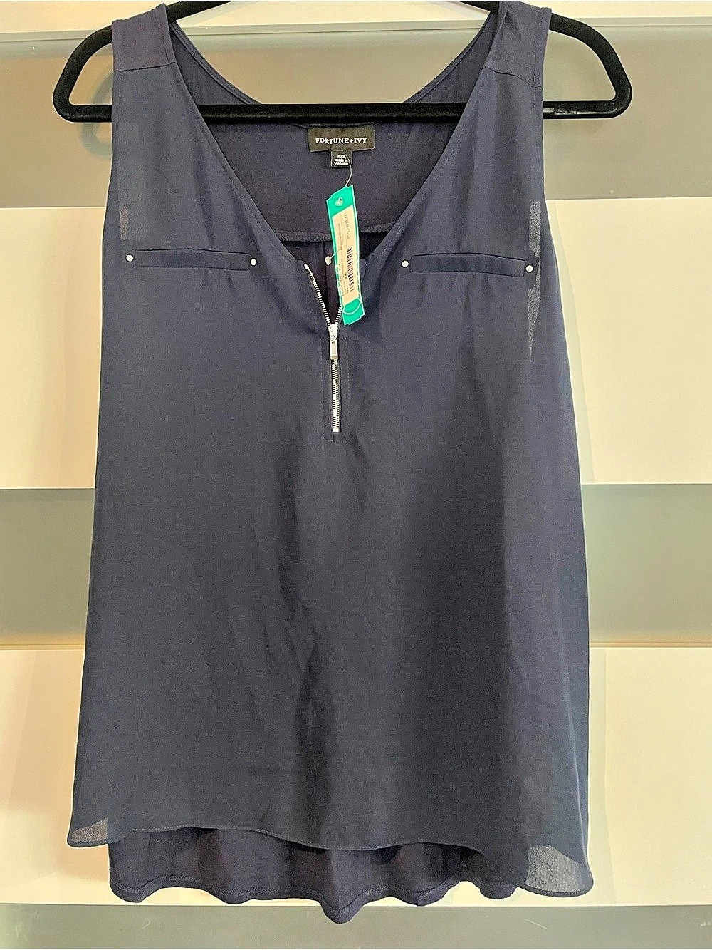 FORTUNE+IVY Lighton Lip Detail Mixed Material Blouse in Navy Size XXL NWT